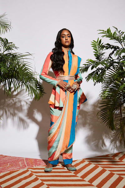 SVA by sonam and paras modi Stripe print peplum top and pants with attached drape multicolor western fusion indian designer wear online shopping melange singapore