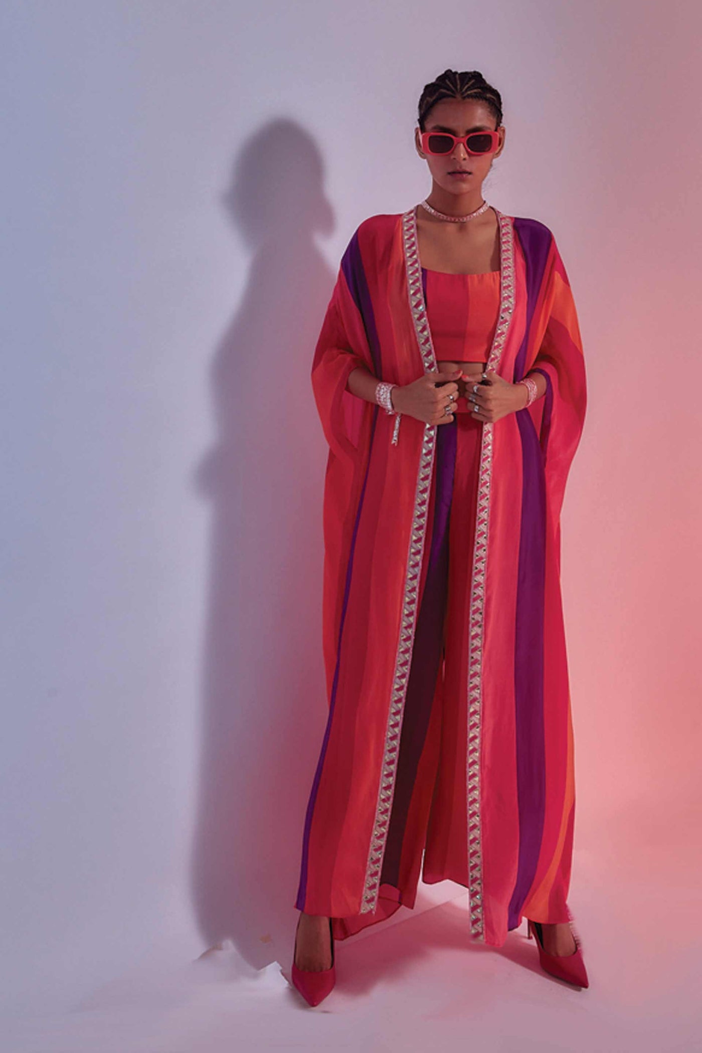 sva by sonam and paras modi Sunset Stripes Printed Palazzo Pants With Cape And Bustier red online shopping melange singapore indian designer wear