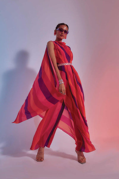 sva by sonam and paras modi Sunset Stripes Print Crop Top With Attached Drape With Pants And Belt red online shopping melange singapore indian designer wear