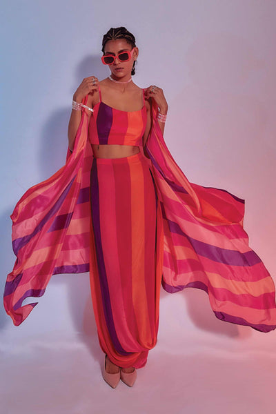 sva by sonam and paras modi Sunset Stripes Printed Drape Skirt And Cape Set red online shopping melange singapore indian designer wear