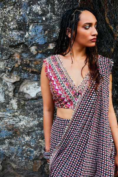 SVA Black Geometric Drape Skirt With Attached Drape Indian designer wear online shopping melange singapore