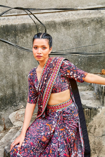 SVA Concrete Jungle Print Cascase Saree Teamed With Koli Blouse Indian designer wear online shopping melange singapore