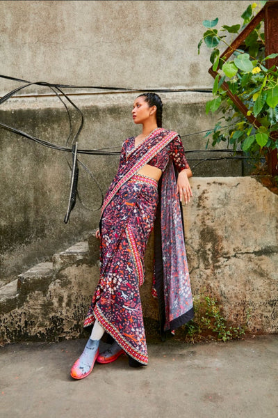 SVA Concrete Jungle Print Cascase Saree Teamed With Koli Blouse Indian designer wear online shopping melange singapore