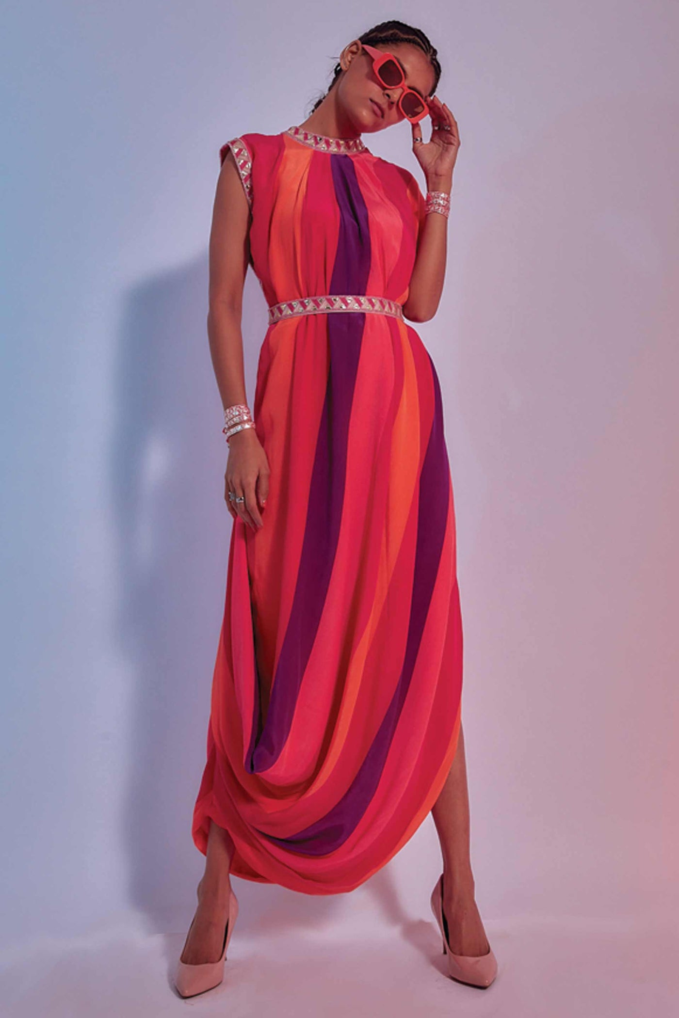 sva by sonam and paras modi Sunset Stripes Drape Dress red online shopping melange singapore indian designer wear