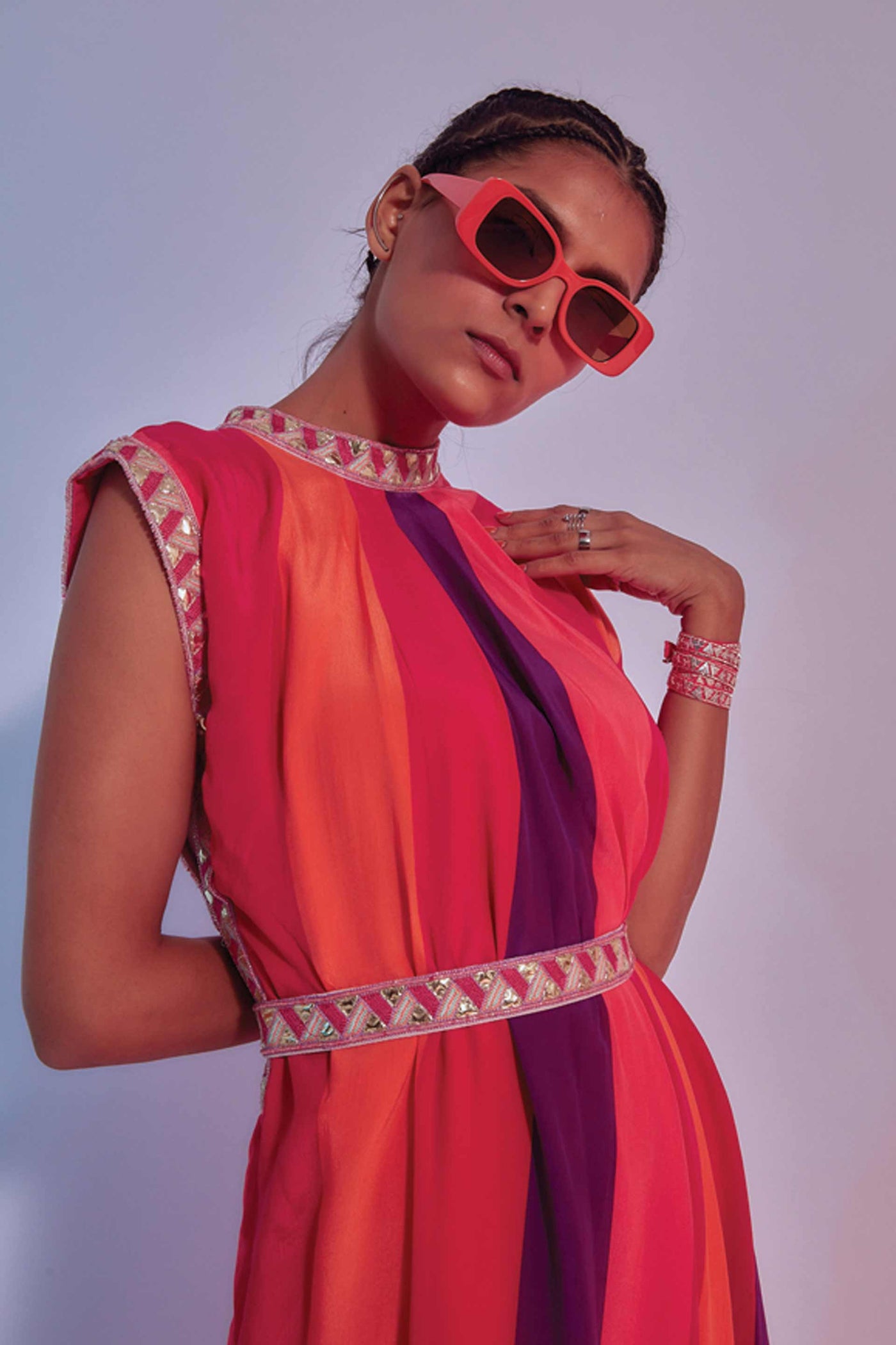 sva by sonam and paras modi Sunset Stripes Drape Dress red online shopping melange singapore indian designer wear