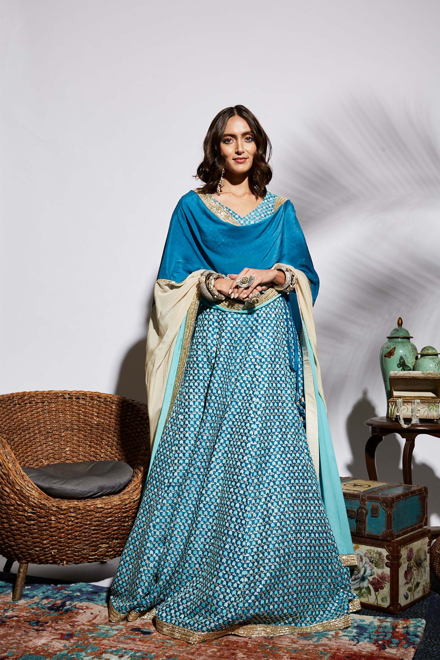 sva by sonam and paras modi Turquoise Embroidered Blue Lehenga Set bridal wedding indian designer wear online shopping melange singapore