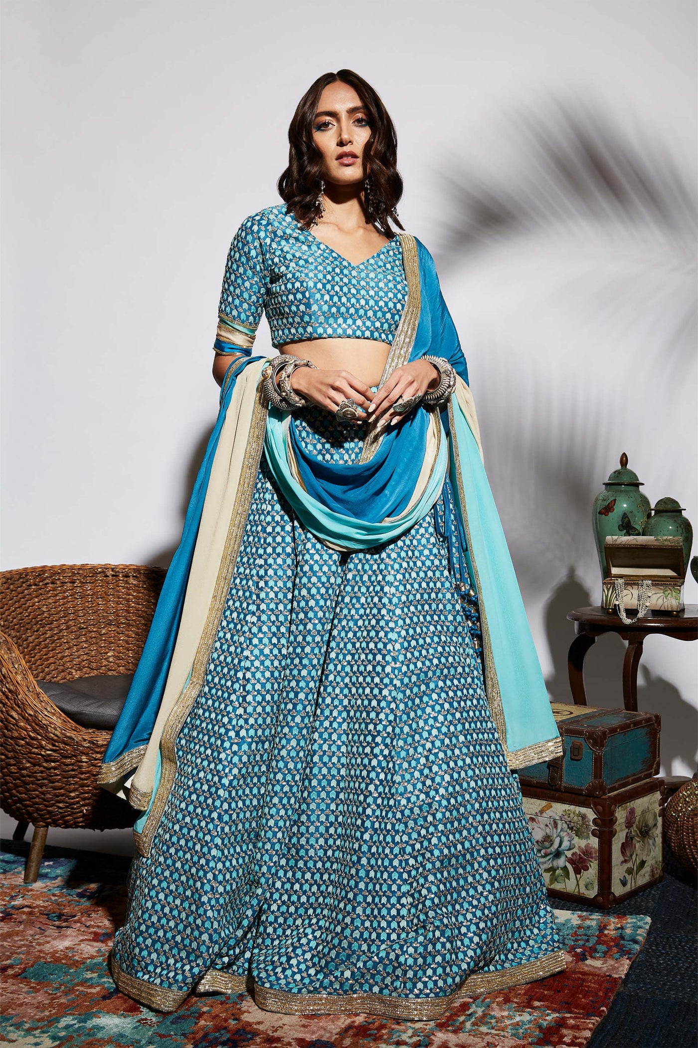 sva by sonam and paras modi Turquoise Embroidered Blue Lehenga Set bridal wedding indian designer wear online shopping melange singapore