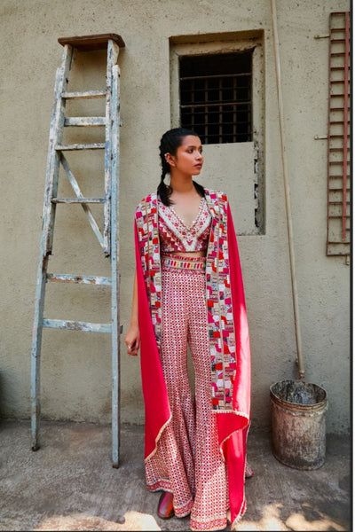 SVA Crop Top And Pants With Embellished Cape Indian designer wear online shopping melange singapore