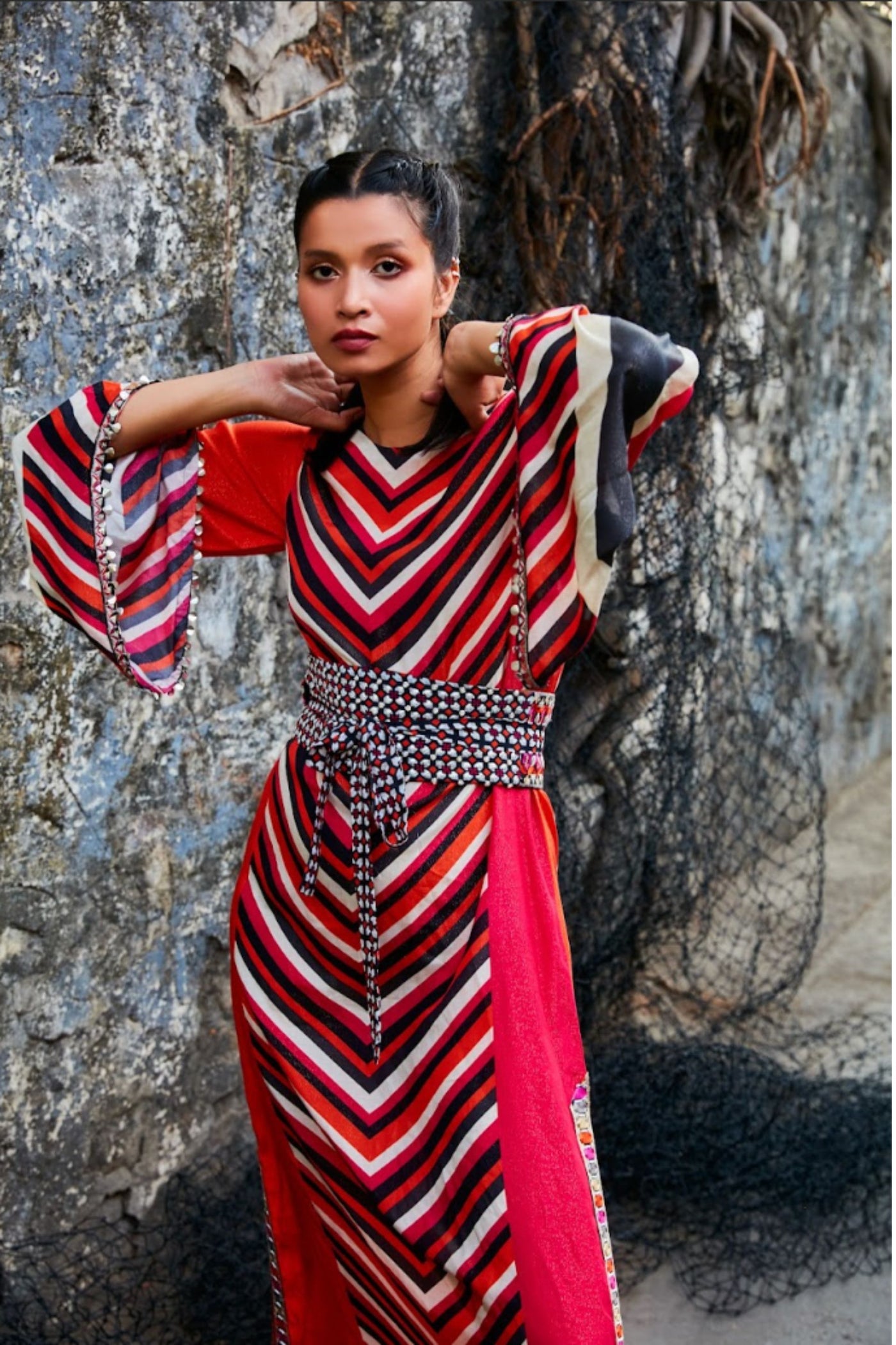 SVA Column Dress With Flared Sleeves Teamed With An Embellished Obi Belt Indian designer wear online shopping melange singapore