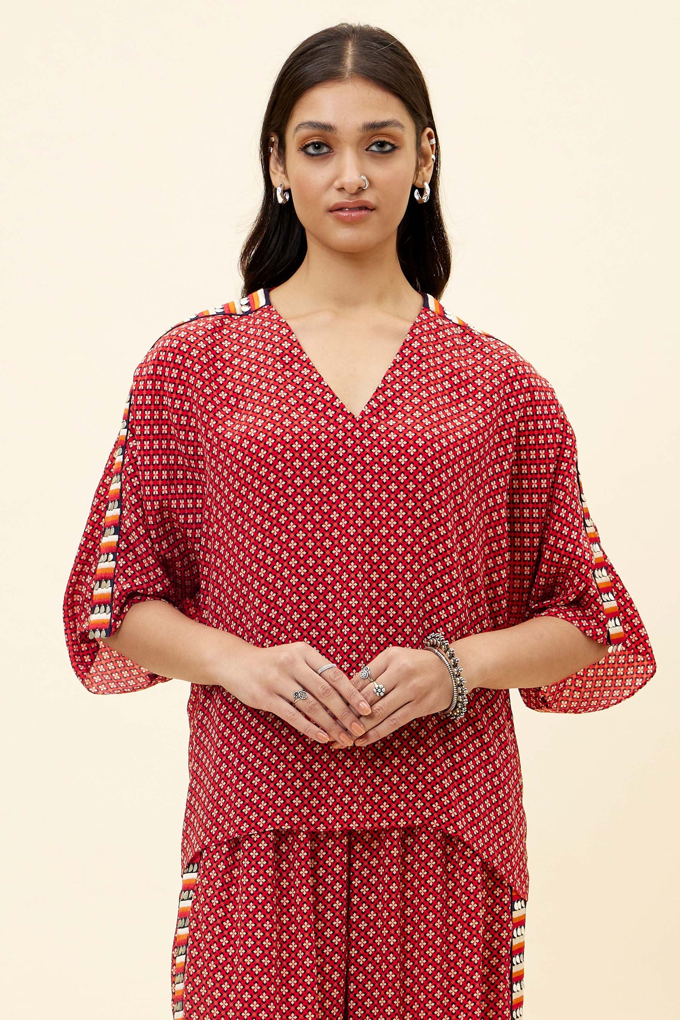 sva Rasa Red Geo Print Co Ord Set With Embellishments online shopping melange singapore indian designer wear