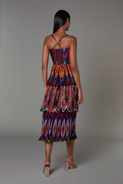 saaksha and kinni Abstract Print 3 Tier Part Hand Micro Pleated Midi Dress multicolor western indian designer wear online shopping melange singapore