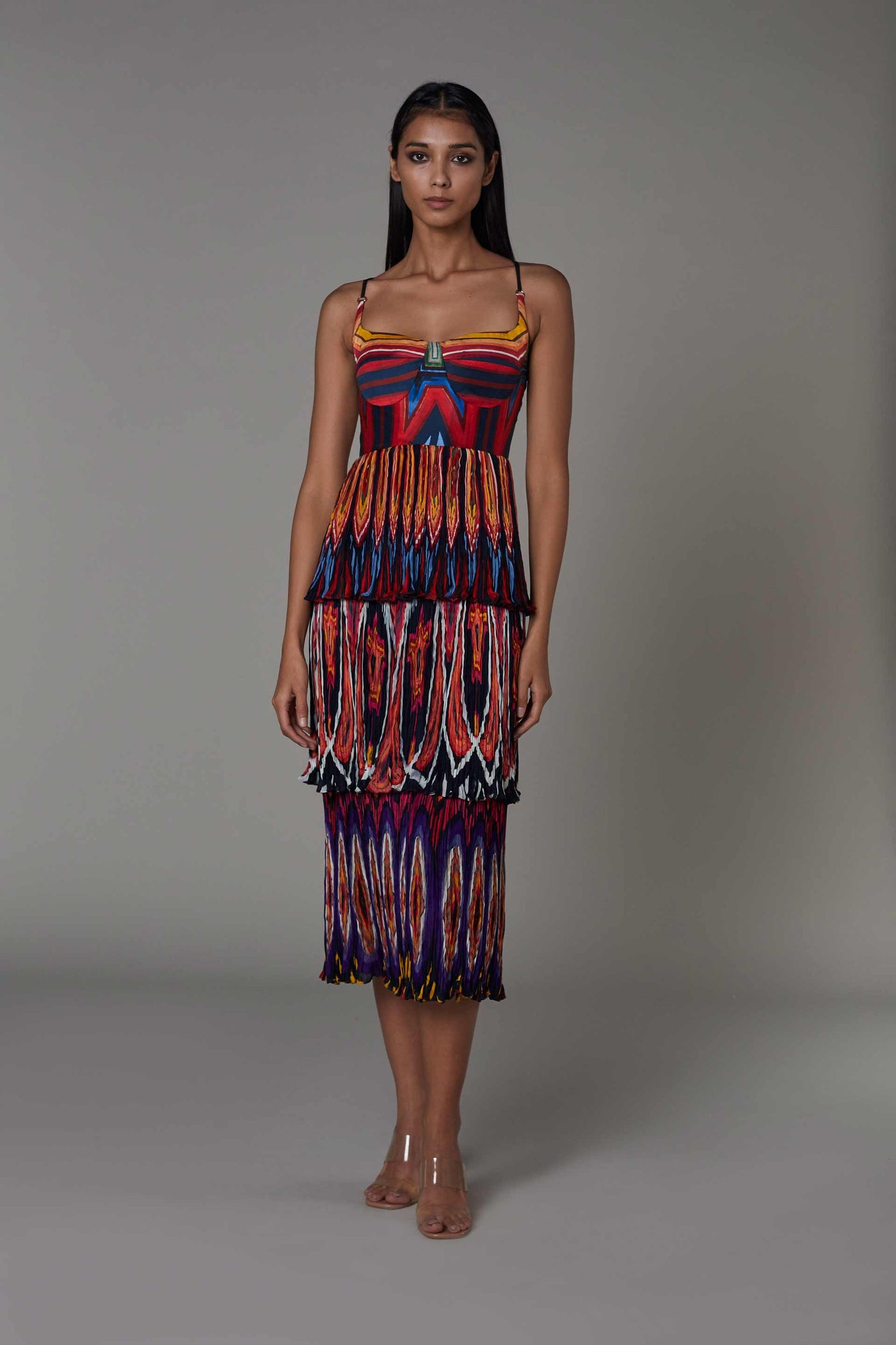 saaksha and kinni Abstract Print 3 Tier Part Hand Micro Pleated Midi Dress multicolor western indian designer wear online shopping melange singapore