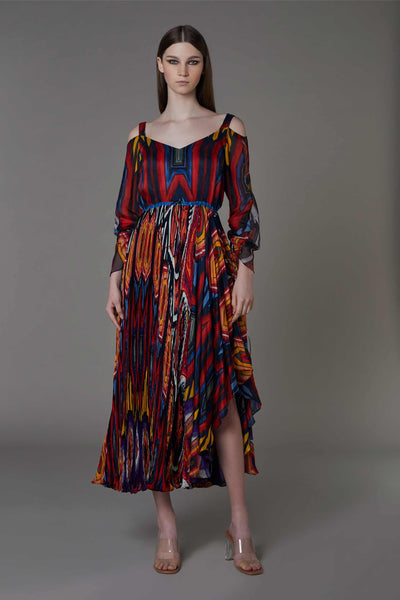 saaksha and kinni Abstract Print Asymmetric Dress With Attached Sleeves multicolor western indian designer wear online shopping melange singapore