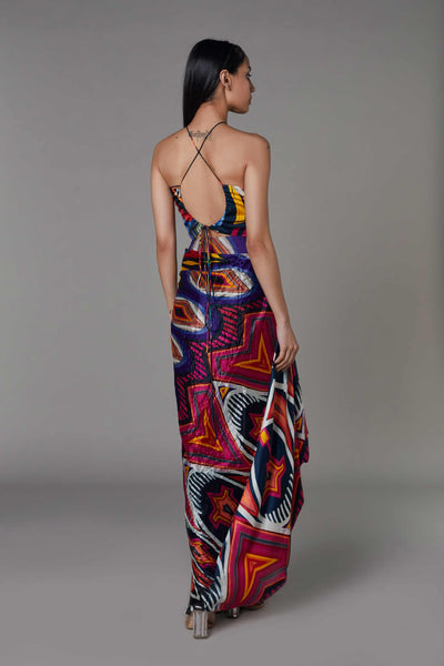 saaksha and kinni Abstract Print Hand Micro Pleated Asymmetric Skirt multicolor western indian designer wear online shopping melange singapore
