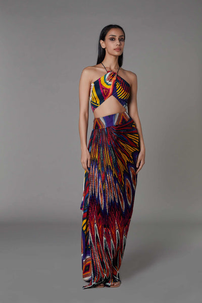 saaksha and kinni Abstract Print Hand Micro Pleated Asymmetric Skirt multicolor western indian designer wear online shopping melange singapore