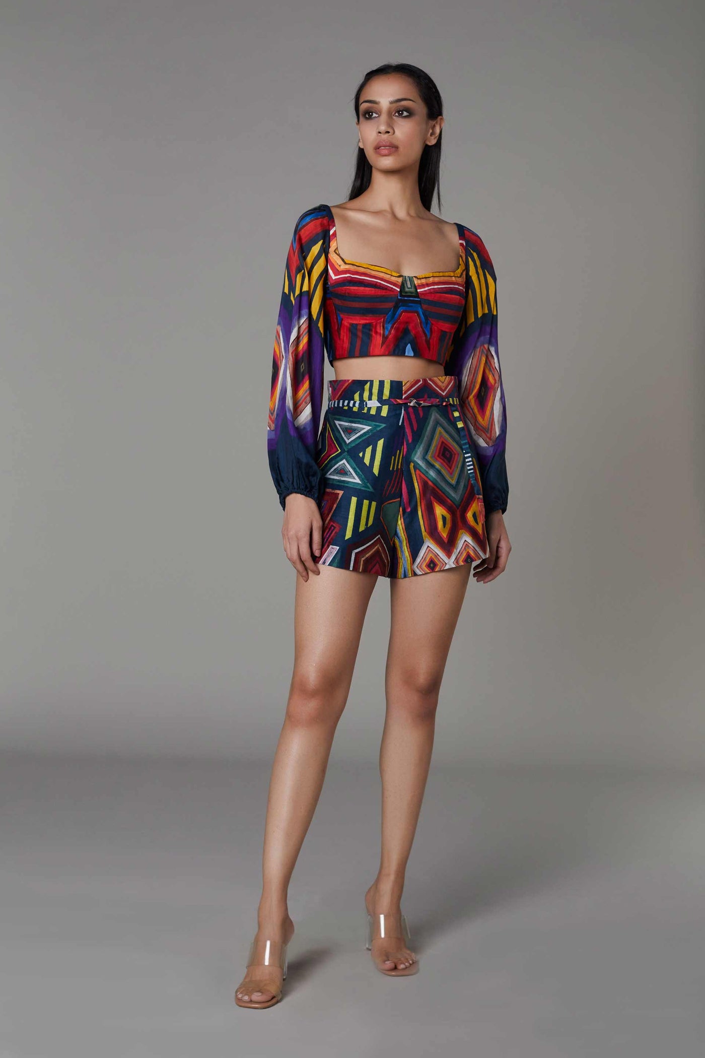 saaksha and kinni Abstract Print High Waist Shorts multicolor western indian designer wear online shopping melange singapore