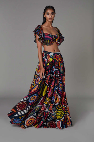 Saaksha and kinni Abstract Print Lehenga multicolor western indian designer wear online shopping melange singapore