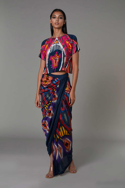 saaksha and kinni Abstract Print Draped Skirt multicolor western indian designer wear online shopping melange singapore