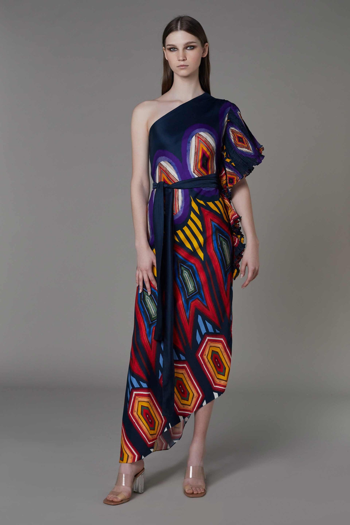 saaksha and kinni Abstract Print One Shoulder Asymmetric Dress With Ruffle Sleeve And Belt multicolor western indian designer wear online shopping melange singapore