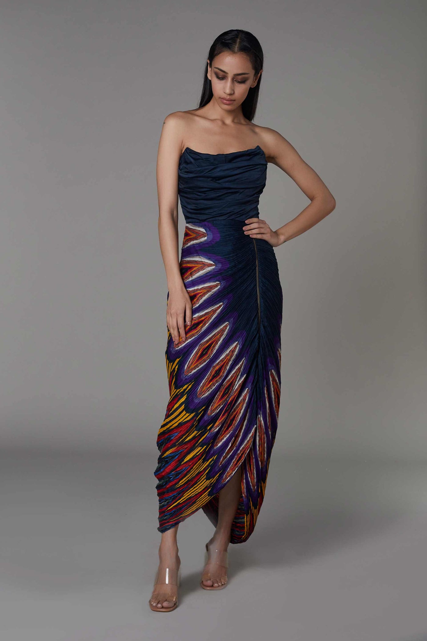 saaksha and kinni Abstract Print Part Hand Micro Pleated Corset Style Sari Dress multicolor navy blue western indian designer wear online shopping melange singapore