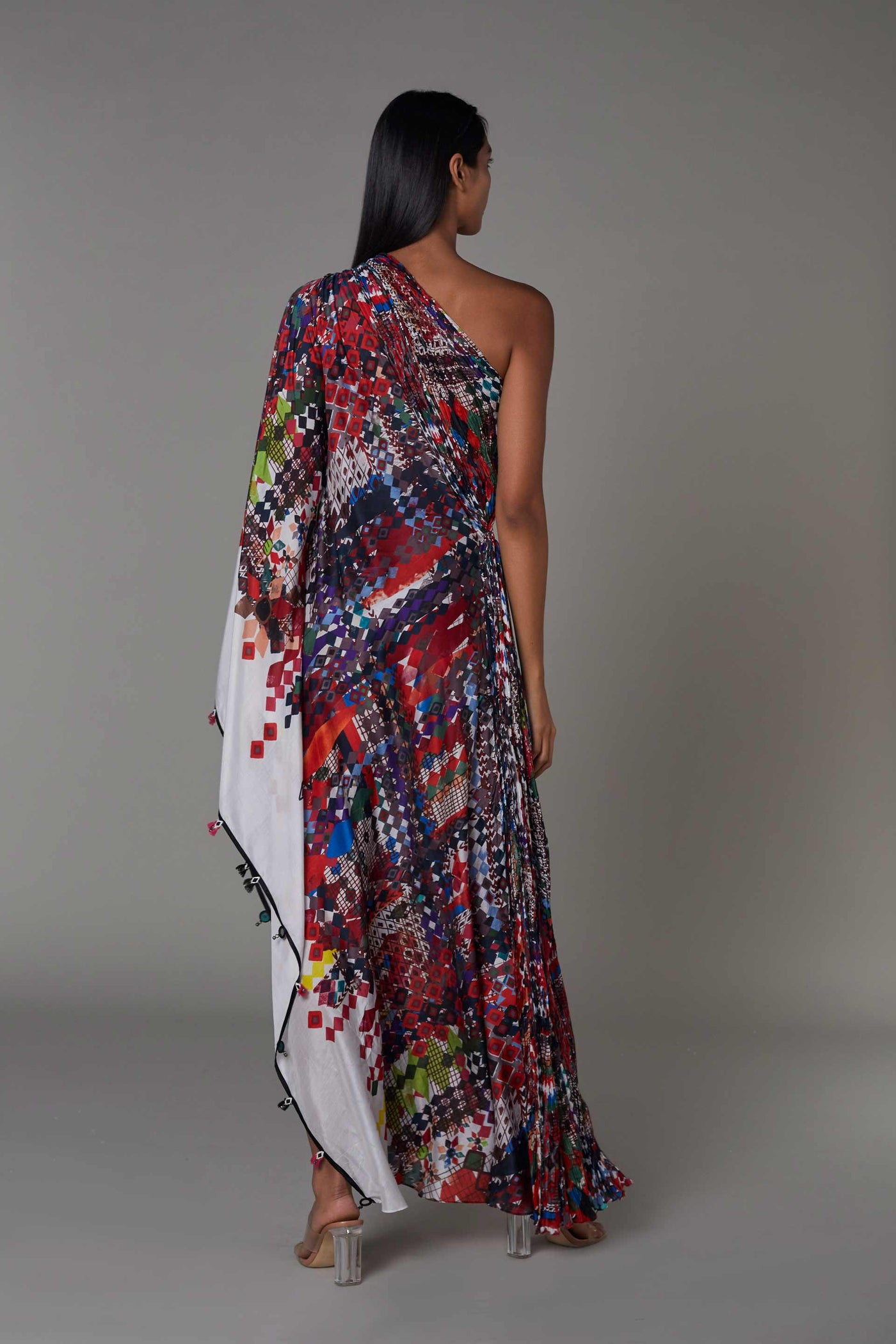 saaksha and kinni Abstract Print Part Hand Micro Pleated One Shoulder Kaftan multicolor western indian designer wear online shopping melange singapore