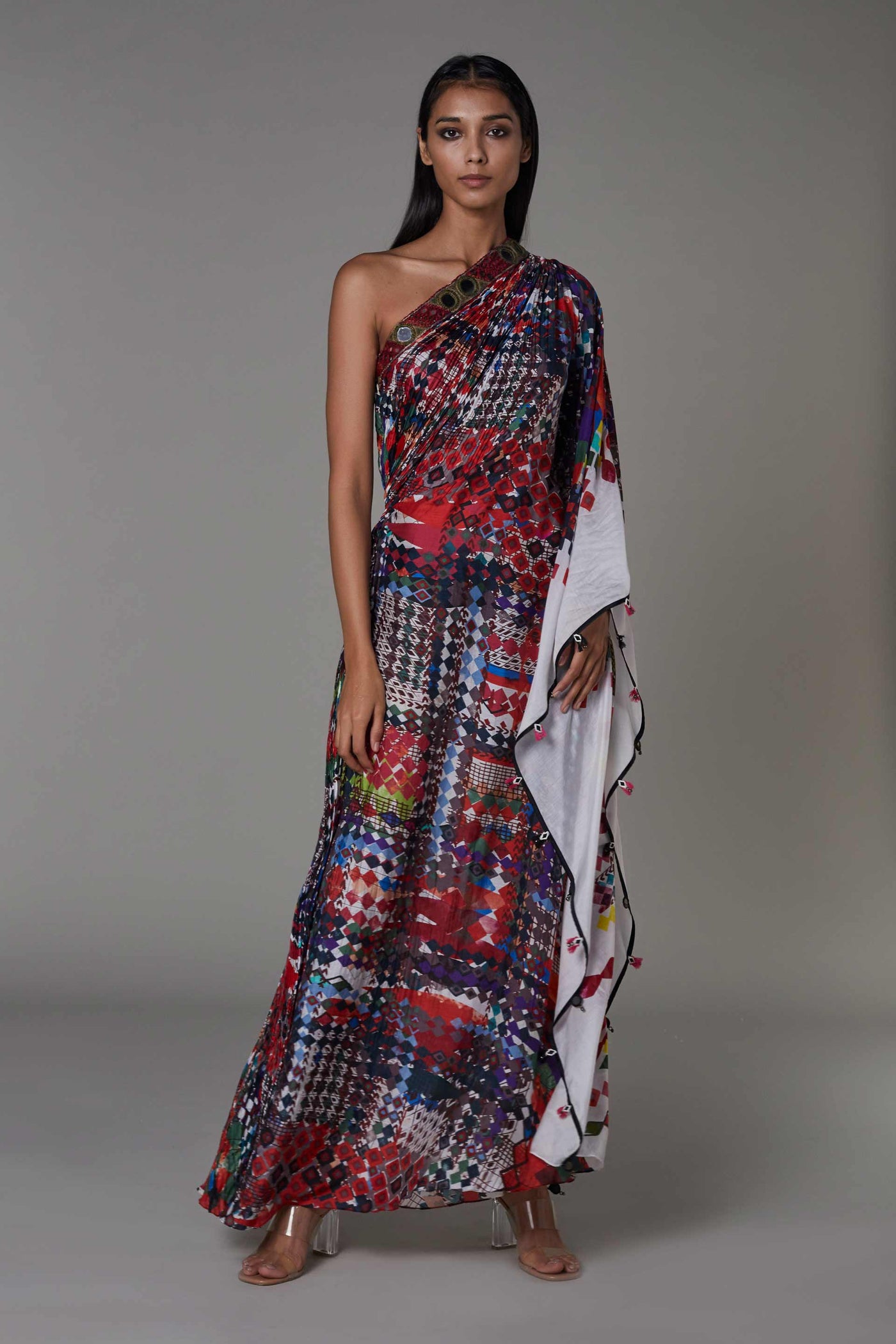 saaksha and kinni Abstract Print Part Hand Micro Pleated One Shoulder Kaftan multicolor western indian designer wear online shopping melange singapore