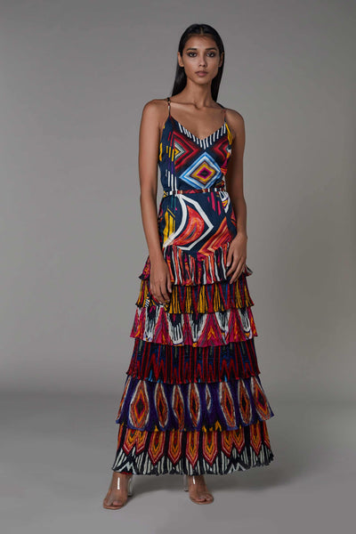 Saaksha and Kinni Abstract Print Part Hand Micro Pleated Six Tiered Maxi Dress multicolor western indian designer wear online shopping melange singapore