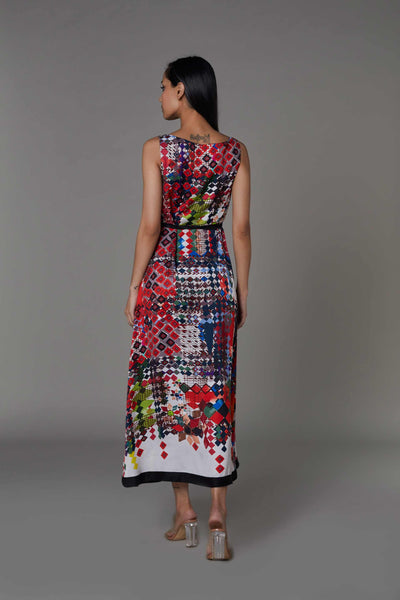 saaksha and kinni Abstract Print Summer Dress With Attached Belt multicolor western indian designer wear online shopping melange singapore