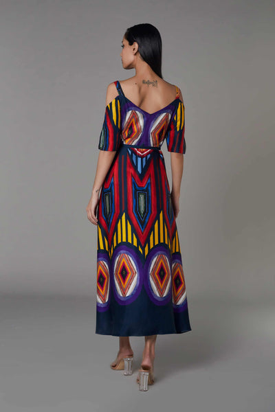 saaksha and kinni Abstract print summer dress with sleeves and belt multicolor western indian designer wear online shopping melange singapore