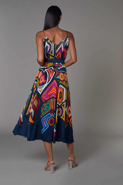 Saaksha and kinni Abstract Print Summer V Neck Dress With Belt navy blue multicolor online shopping melange singapore western indian designer wear
