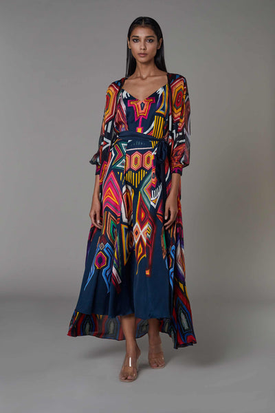 saaksha and kinni Abstract Print Summer V Neck Dress With Belt multicolor blue western indian designer wear online shopping melange singapore