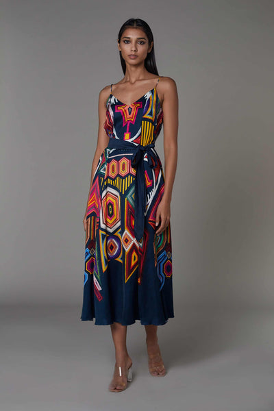Saaksha and kinni Abstract Print Summer V Neck Dress With Belt navy blue multicolor online shopping melange singapore western indian designer wear