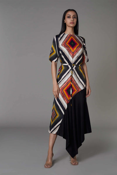 saaksha and kinni Diamond Print Asymmetric Shift Dress multicolor western indian designer wear online shopping melange singapore