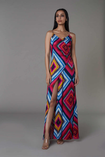 saaksha and kinni Diamond Print V Neck Dress With Customisable Slit pink blue western indian designer wear online shopping melange singapore