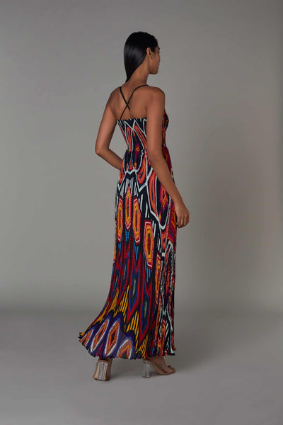 saaksha and kinni Hand Micro Pleated Abstract Print Asymmetric Maxi Dress multicolor western indian designer wear online shopping melange singapore