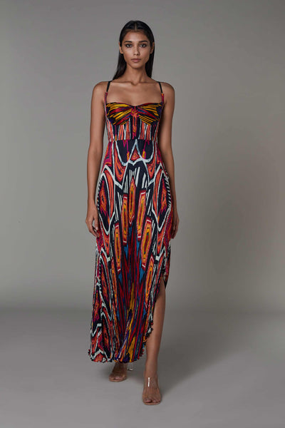 saaksha and kinni Hand Micro Pleated Abstract Print Asymmetric Maxi Dress multicolor western indian designer wear online shopping melange singapore