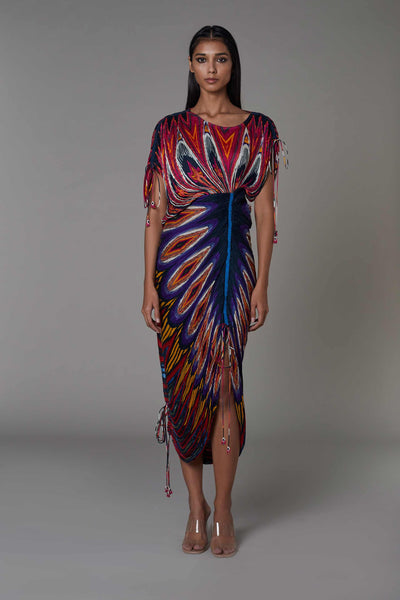 saaksha and kinni Hand Micro Pleated Abstract Print Double Shoulder Sari Dress multicolor western indian designer wear online shopping melange singapore