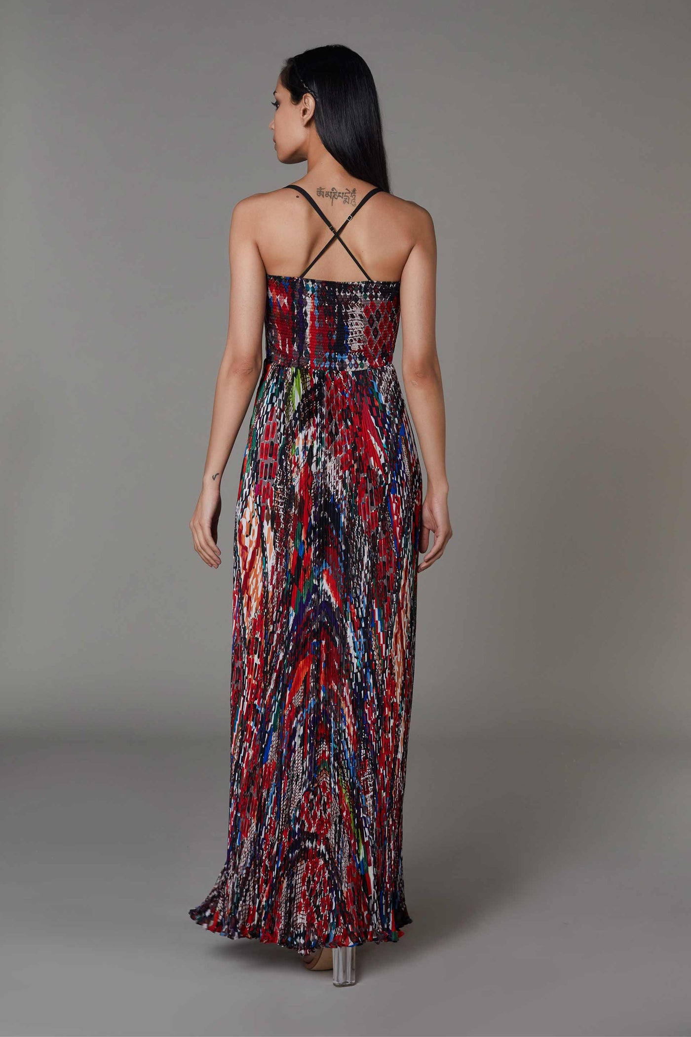 saaksha and kinni Hand Micro Pleated Abstract Print Maxi Dress multicolor western indian designer wear online shopping melange singapore