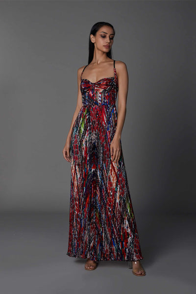 saaksha and kinni Hand Micro Pleated Abstract Print Maxi Dress multicolor western indian designer wear online shopping melange singapore
