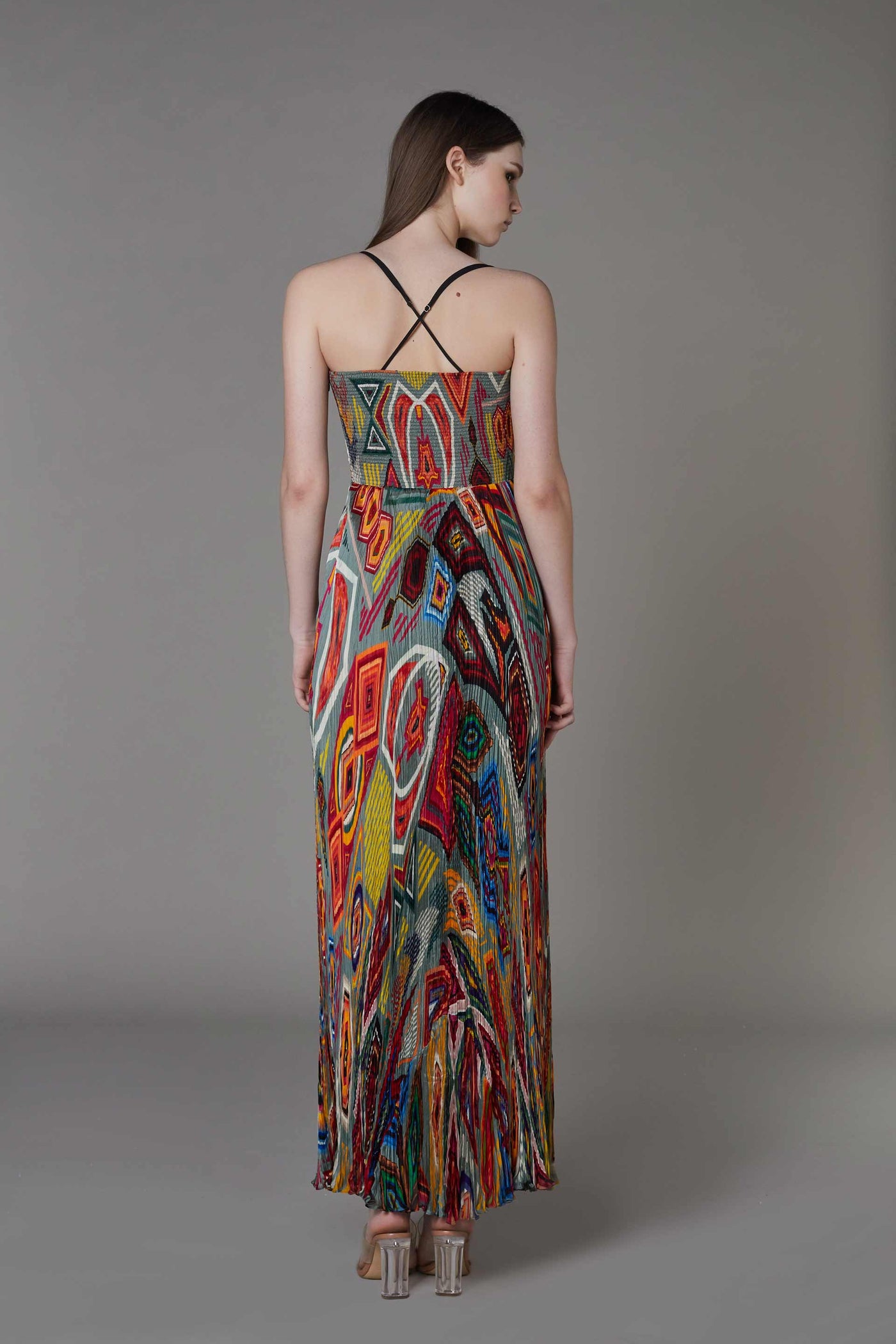 saaksha and kinni Hand Micro Pleated Abstract Print Maxi Dress multicolor western indian designer wear online shopping melange singapore