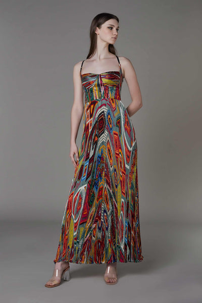 saaksha and kinni Hand Micro Pleated Abstract Print Maxi Dress multicolor western indian designer wear online shopping melange singapore