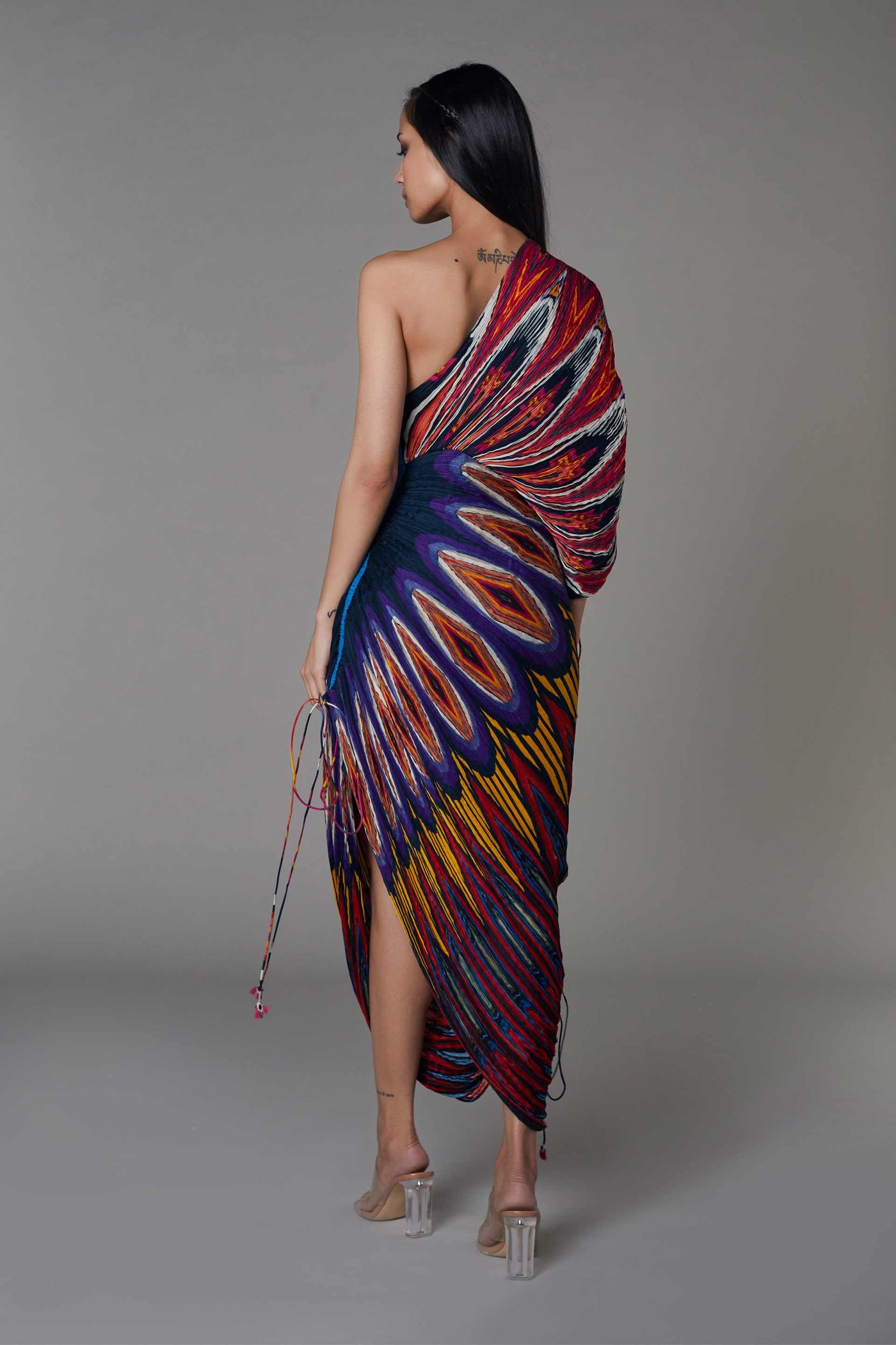 saaksha and kinni Hand Micro Pleated Abstract Print Sari Dress With Adjustable Length multicolor western indian designer wear online shopping melange singapore