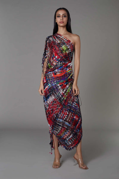 saaksha and kinni Hand Micro Pleated Abstract Print Sari Dress With Adjustable Length multicolor western indian designer wear online shopping melange singapore
