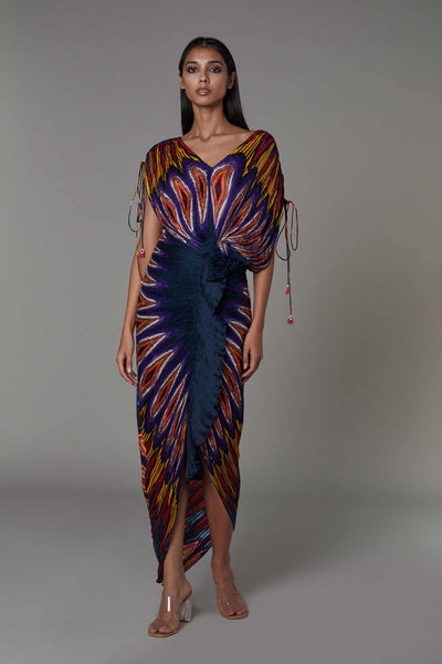 saaksha and kinni Hand Micro Pleated Abstract Print V Neck Sari Dress With Ruffles multicolor western indian designer wear online shopping melange singapore