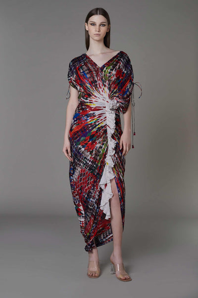 saaksha and kinni Hand micro pleated abstract print v neck sari dress with ruffles multicolor western indian designer wear online shopping melange singapore