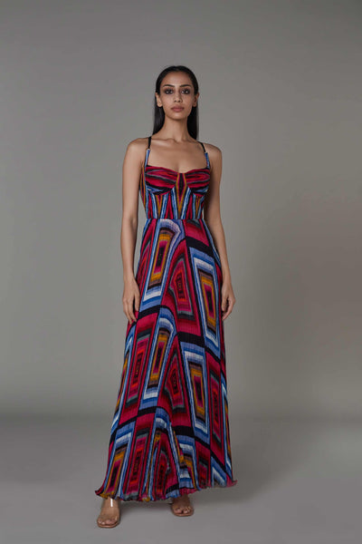 saaksha and kinni Micro Pleated Diamond Print Maxi Dress pink blue western indian designer wear online shopping melange singapore