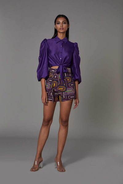 saaksha and kinni Purple Tie Front Buttoned Blouse western indian designer wear online shopping melange singapore