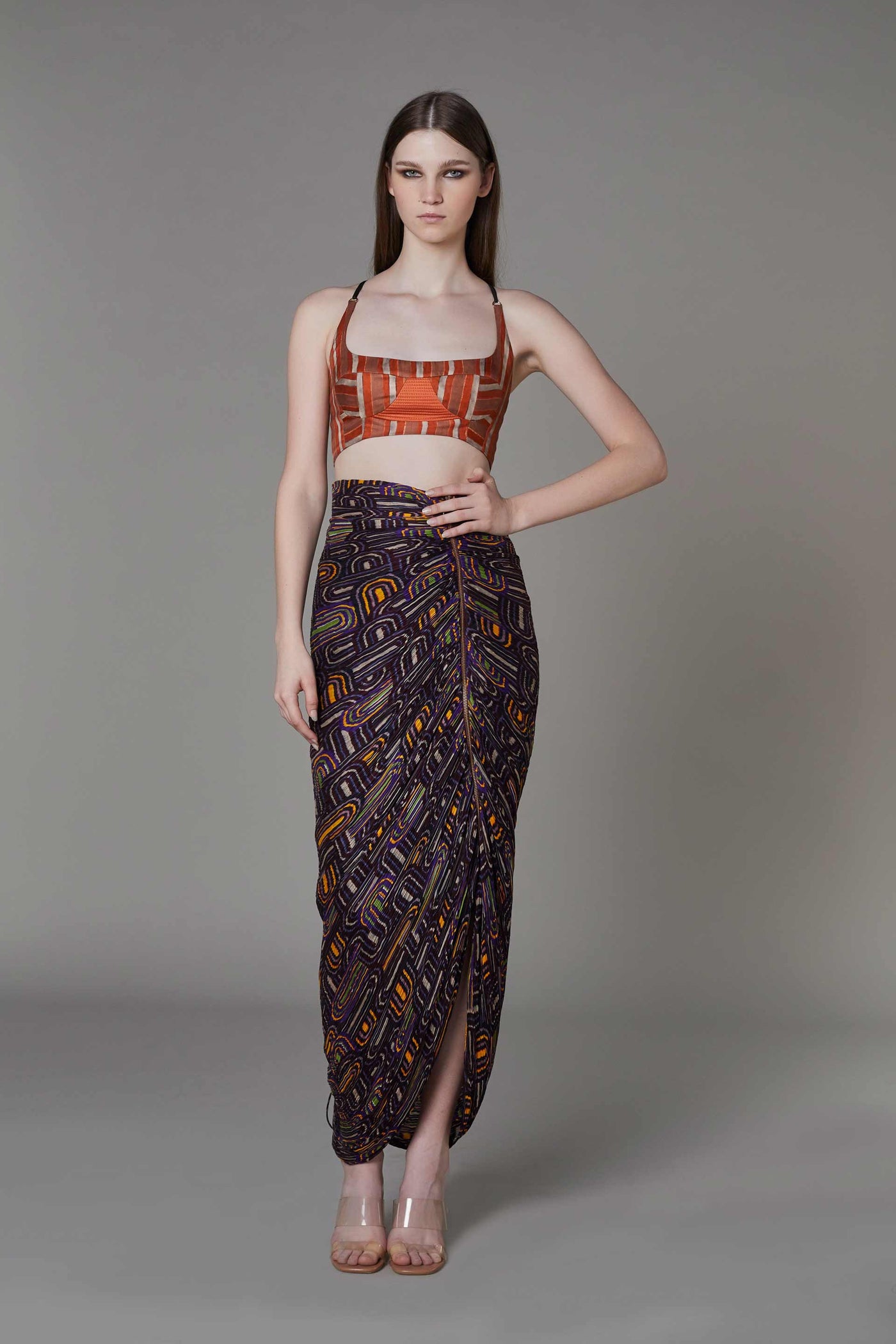 saaksha and kinni Semi Circle Print Hand Micro Pleated Wrap Style Skirt  purple western indian designer online shopping melange singapore