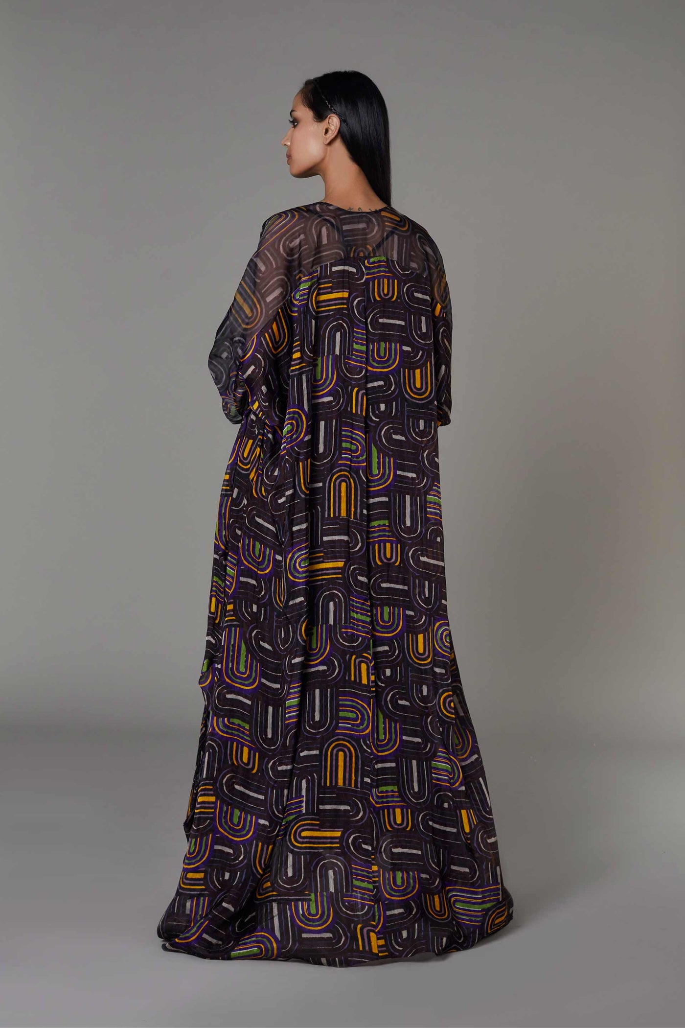 saaksha and kinni Semi Circle Print Kaftan Style Cape purple western indian designer wear online shopping melange singapore