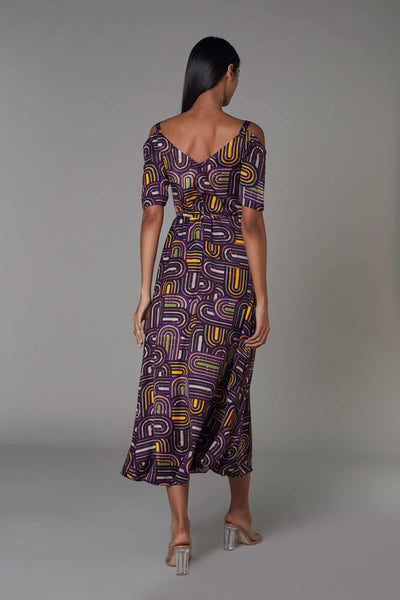 saaksha and kinni Semi circle print summer dress with sleeves and belt purple western indian designer wear online shopping melange singapore